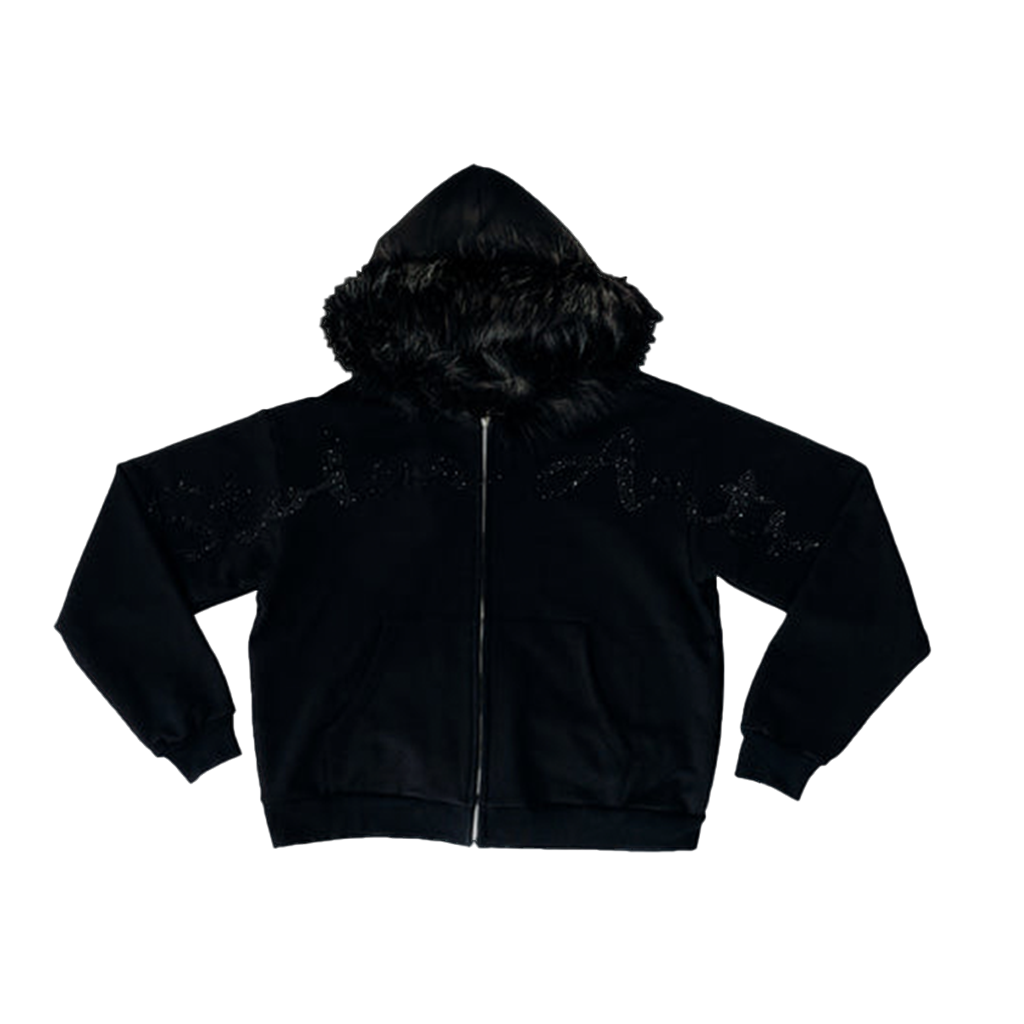 Triple black fur rhinestone hoodie
