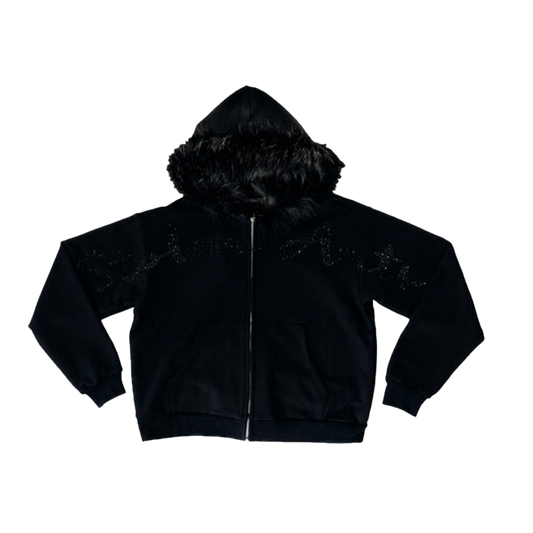 Triple black fur rhinestone hoodie